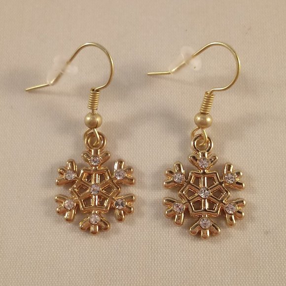 Gold Plated Diamond Crystal Snowflake Flower Dangle Earrings Party Gift - Picture 1 of 2